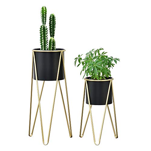 [en.casa] Pflanzständer im 2er Set 'Hedera' Blumenständer aus Metall Blumentopf Ständer mit Übertopf Blumentopfhalter 2-TLG. Pflanztopf Deko Schwarz-Gold von [en.casa]