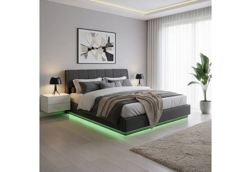 en.casa Polsterbett, »Tröstiar« mit LED-Beleuchtung Bettkasten Leinen 180 x 200 cm Schwarz von en.casa