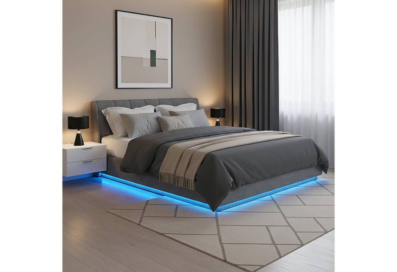 en.casa Polsterbett, »Tröstiar« mit LED-Beleuchtung Bettkasten Leinen 180x200cm Anthrazit von en.casa