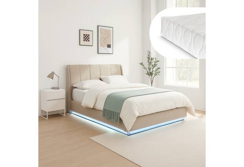 en.casa Polsterbett, mit Matratze »Tröstiar« mit LED-Beleuchtung 160x200 cm Beige von en.casa