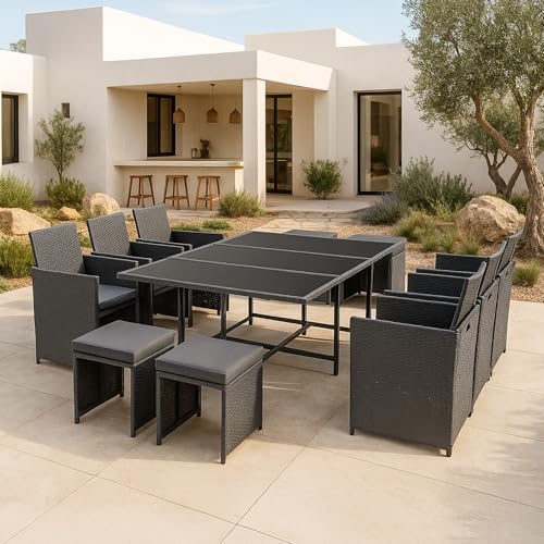 [en.casa] Polyrattan Sitzgruppe Laredo XL wetterfest stapelbar 11-teiliger Gartenmöbelset Tisch & 6 Stühle & 4 Hocker mit Kissen für Garten und Terrasse von [en.casa]