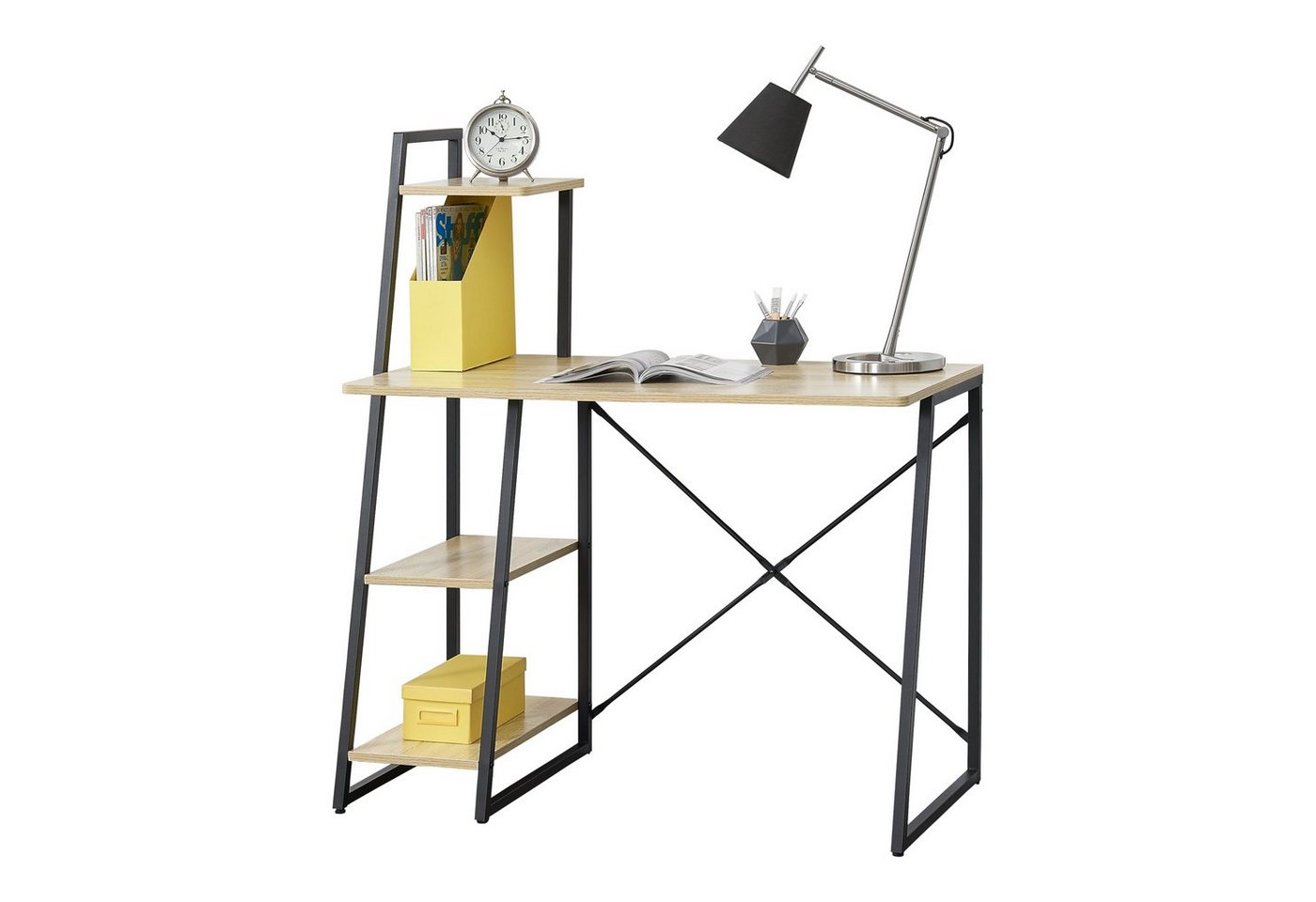 en.casa Regal-Schreibtisch, »Aalborg« Bürotisch mit Ablage PC Tisch 117x102x50cm Schwarz/Eiche von en.casa