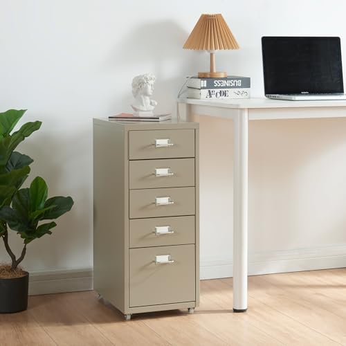 [en.casa] Rollcontainer Kökar Schubladenschrank Metall Aktenschrank mit 5 Schubladen Bürowagen mit Rollen für Arbeitszimmer 69 x 28 x 41 cm Kamelfarben von [en.casa]
