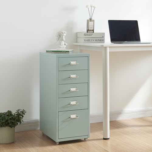 [en.casa] Rollcontainer Kökar Schubladenschrank Metall Aktenschrank mit 5 Schubladen Bürowagen mit Rollen für Arbeitszimmer 69 x 28 x 41 cm Mintgrün von [en.casa]