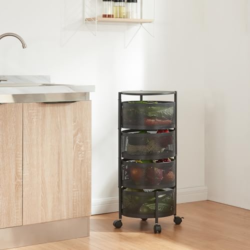 [en.casa] Rollwagen Steigen mit 4 Ebenen mehrlagiges Küchenregal mit Rädern Servierwagen aus Stahl ausklappbare Körbe Regal für Küche, Bad 74,5 x Ø33 cm Schwarz von [en.casa]