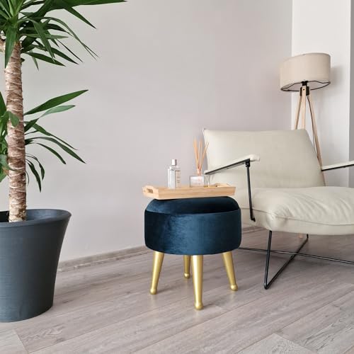 [en.casa] Samthocker Laholm Sitzhocker Polsterhocker Ø 40cm runder Pouf eleganter Hocker 4 goldene Metallbeine Dekor Schminkhocker für Wohnzimmer, Schlafzimmer Blau von [en.casa]