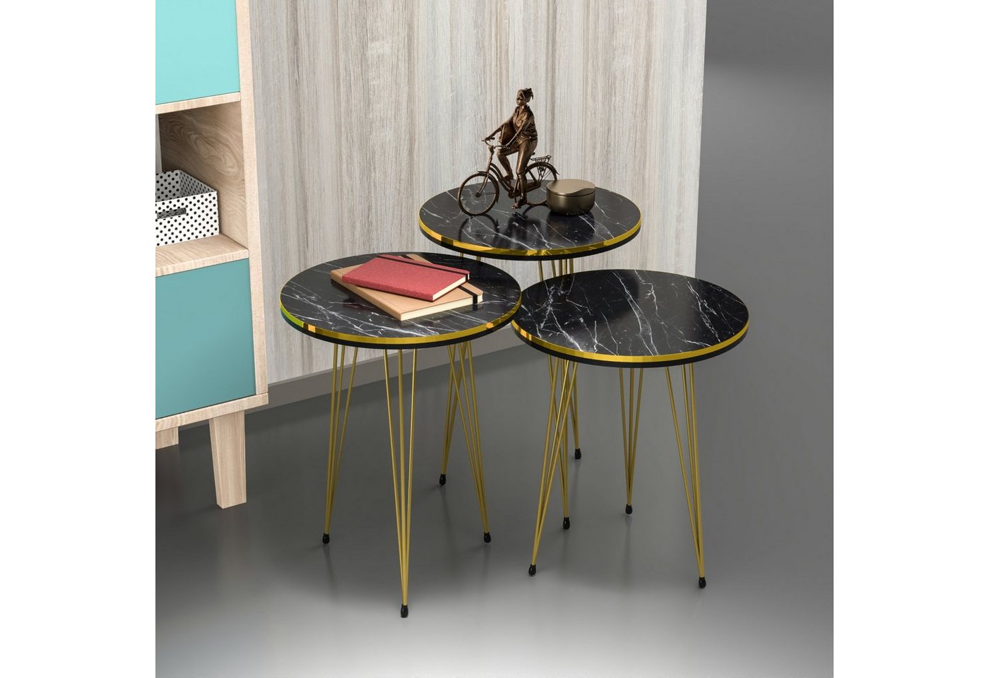en.casa Satztisch, »Ry« Satztisch in 3er Set Marmor, schwarz / Gold mit goldenen Beinen von en.casa