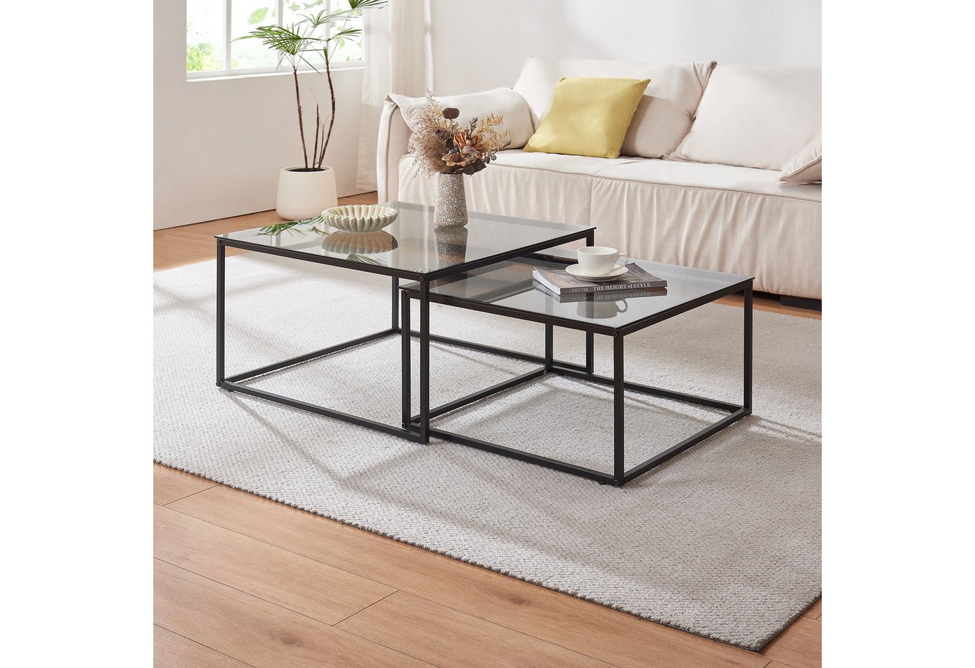 en.casa Satztisch (2-St), »Tromlaslo« Metallgestell quadratisch Rauchglas, grau von en.casa