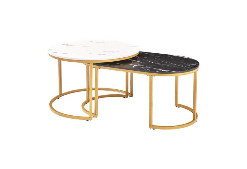 en.casa Satztisch (2er Set), »Oppeerg« Couchtisch Metallgestell Marmoroptik, schwarz-weiß/Gold von en.casa