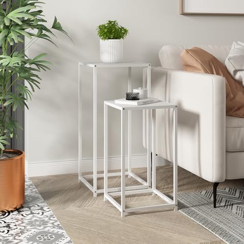 [en.casa] Satztisch Åseral 2er-Set Beistelltisch in Säulenform Nebentisch quadratischer Dekotisch Pflanztisch Metallgestell für Wohnzimmer im Industrie-Design Weiß von [en.casa]
