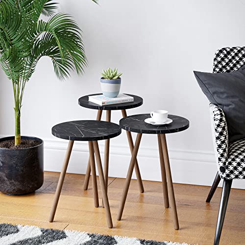 [en.casa] Satztisch Hjørring im 3er Set Kaffeetisch Rund Wohnzimmertisch Beistelltisch Couchtisch 49 x Ø34 cm Sofatisch Schwarze Marmor-Optik von [en.casa]