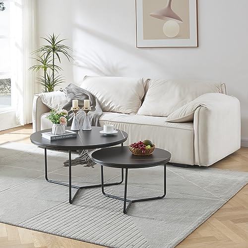 [en.casa] Satztisch Poxdorf aus 2 Couchtischen Wohnzimmertisch 2er Set rund Schwarze Marmoroptik Sofatisch Metallgestell von [en.casa]