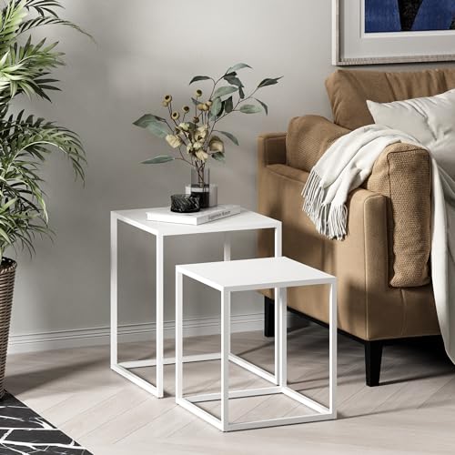 [en.casa] Satztisch Vejen 2er Set Couchtisch Stahl eckig für Wohnzimmer Schlafzimmer Tischset 2-TLG. Beistelltisch Weiß, matt von [en.casa]