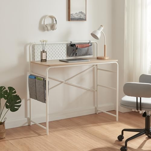 [en.casa] Schreibtisch Dyrøy Bürotisch mit Metallgestell Arbeitstisch für Homeoffice oder Arbeitszimmer moderner Computertisch mit Lochpaneel und 2 Stofftaschen 98x98x46cm Weiß/Eiche von [en.casa]