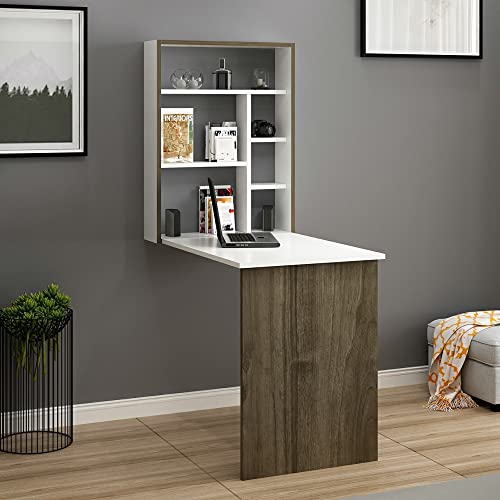 [en.casa] Schreibtisch Greve Wandklapptisch Weiß Walnuss-Optik Bürotisch Arbeitszimmer Wandtisch klappbar von [en.casa]