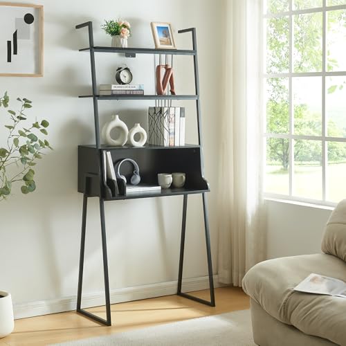 [en.casa] Schreibtisch Storfjord mit Leiterregal Computertisch mit Ablagen 184 x 80 x 40 cm Bürotisch mit Regal Sekretär Metallgestell Schwarz von [en.casa]