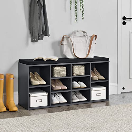 [en.casa] Schuhregal und Sitzbank mit 10 Ablageflächen 103x30x48cm Schuhschrank Schuhständer Schuhkommode Dunkelgrau mit Polsterkissen Schwarz von [en.casa]