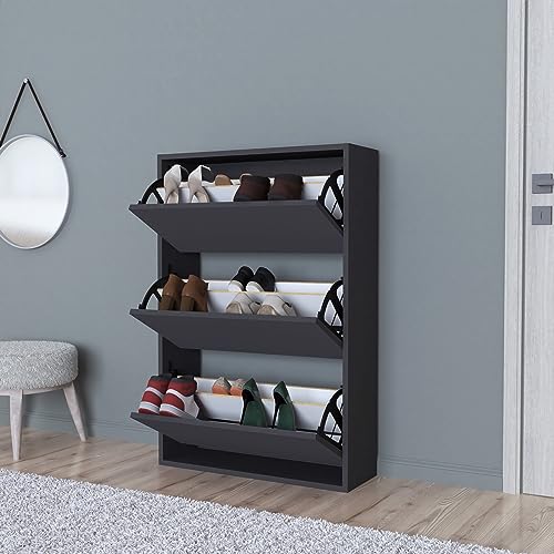 [en.casa] Schuhschrank Aurskog Schuhkipper für 18 Paare Schuhkommode mit 3 Kipptüren für Eingang, Flur 110 x 73,5 x 24 cm Anthrazit von [en.casa]