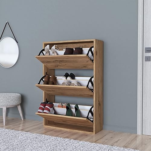 [en.casa] Schuhschrank Aurskog Schuhkipper für 18 Paare Schuhkommode mit 3 Kipptüren für Eingang, Flur 110 x 73,5 x 24 cm Eiche von [en.casa]