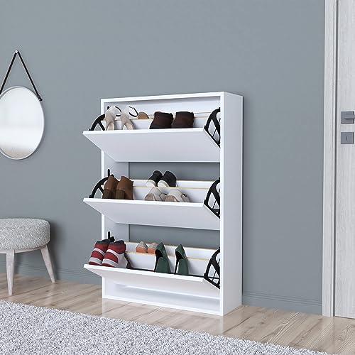 [en.casa] Schuhschrank Aurskog Schuhkipper für 18 Paare Schuhkommode mit 3 Kipptüren für Eingang, Flur 110 x 73,5 x 24 cm Weiß von [en.casa]