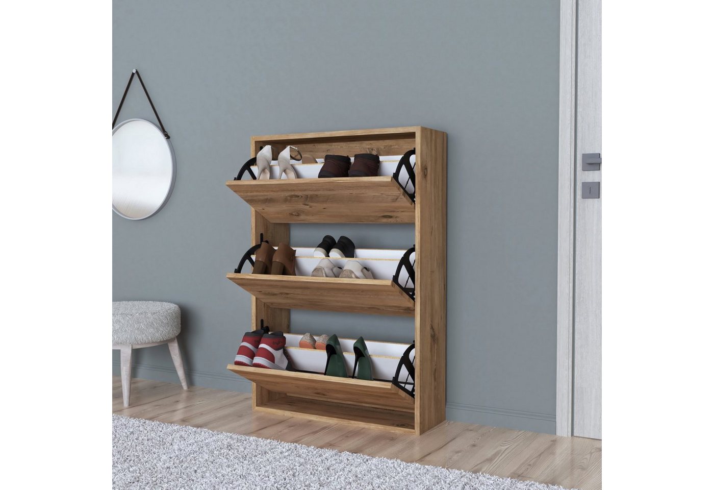 en.casa Schuhschrank »Aurskog« mit Kipptüren 110x73, 5x24cm Eiche von en.casa