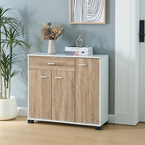 [en.casa] Sideboard Bobeck Flurschrank Mehrzweckschrank Kommode mit Schublade Wonhzimmerschrank für Flur Wohnzimmer Schlafzimmer 72x80x28cm Weiß/Eiche von [en.casa]