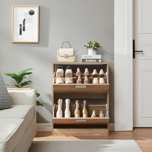 [en.casa] Schuhschrank Sykkylven Schuhkipper mit 2 Klappen Schuhkommode für 12 Paar Schuhe 81 x 63 x 24 cm Sonoma-Eiche von [en.casa]
