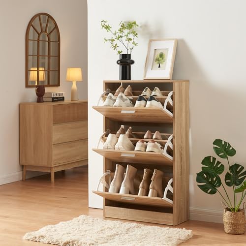 [en.casa] Schuhschrank Sykkylven Schuhkipper mit 3 Klappen Schuhkommode für 12 Paar Schuhe 103 x 60 x 24 cm Sonoma-Eiche von [en.casa]