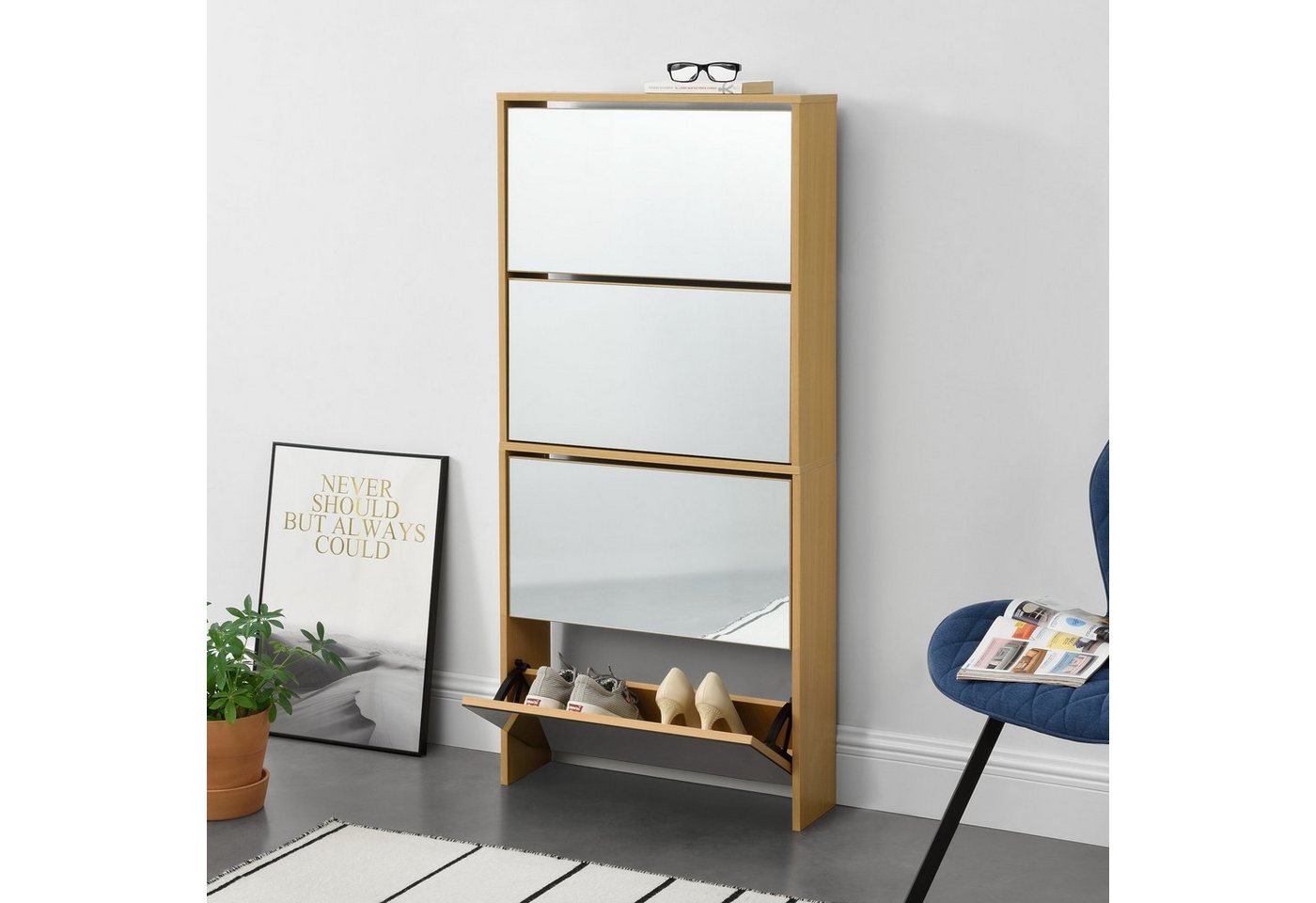 en.casa Schuhschrank »Vogar« mit 4 verspiegelten Türen 134x63x17 cm Eichenoptik von en.casa