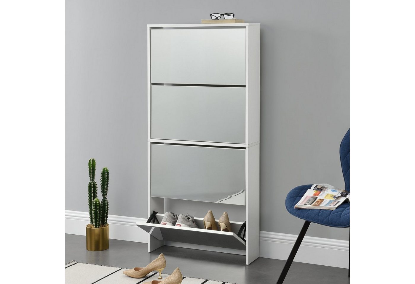 en.casa Schuhschrank »Vogar« mit 4 verspiegelten Türen 134x63x17 cm Weiß von en.casa