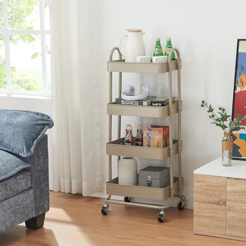 [en.casa] Servierwagen Pyhäntä Rollwagen mit 4 Ebenen Küchenwagen aus Metall Beistellwagen mit 2 Bremsen Allzweckwagen Aufbewahrungswagen für Küche Bad Büro Kamelfarben von [en.casa]