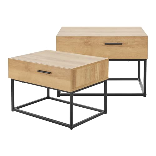[en.casa] Set mit 2 Nachttischen mit Schublade, niedriger Couchtisch, 39 x 55 x 40 cm, Möbel mit Fuß aus Metall – Schwarz/Eicheneffekt von [en.casa]