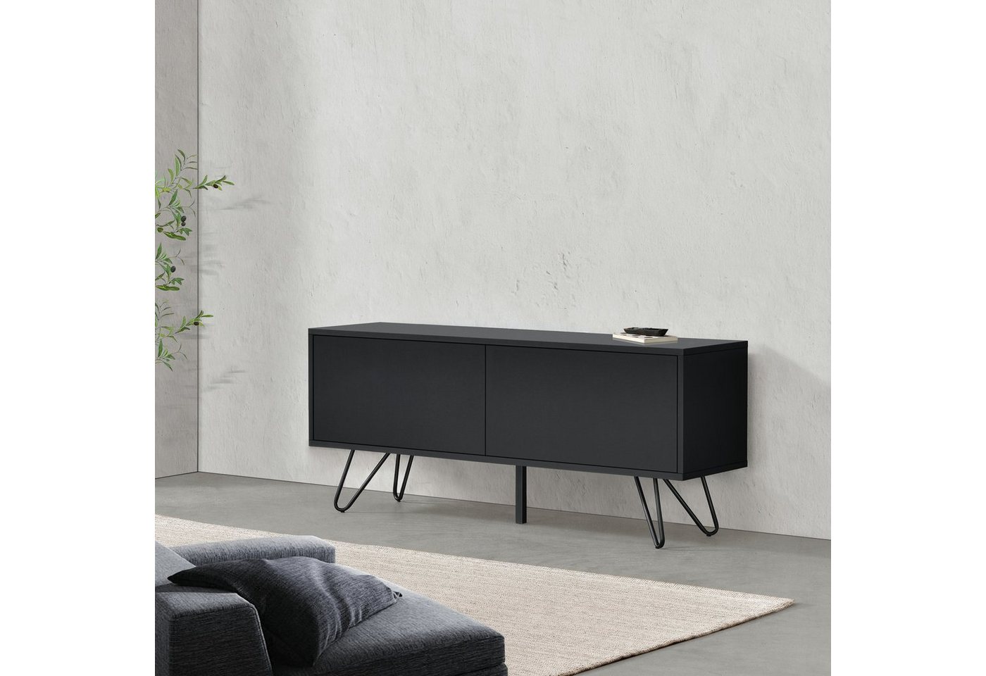 en.casa Sideboard, Bollebygd Wohnzimmerschrank 46,5 x 110 x 30 cm Schwarz, 5x110x30cm Kommode mit 2 Schranktüren Schwarz von en.casa