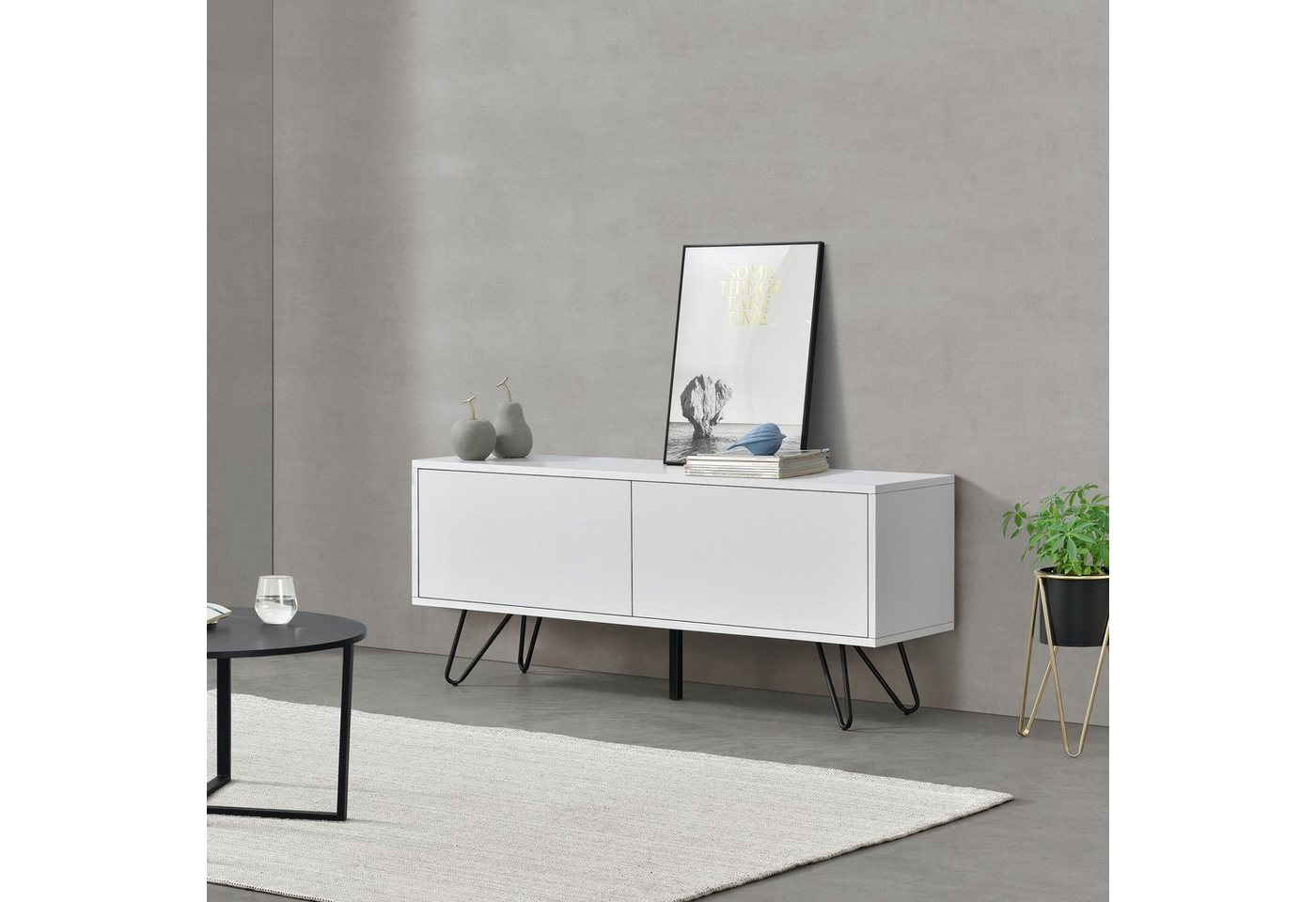 en.casa Sideboard, Bollebygd Wohnzimmerschrank 46,5 x 110 x 30 cm Weiß, 5x110x30cm Kommode mit 2 Schranktüren Weiß von en.casa