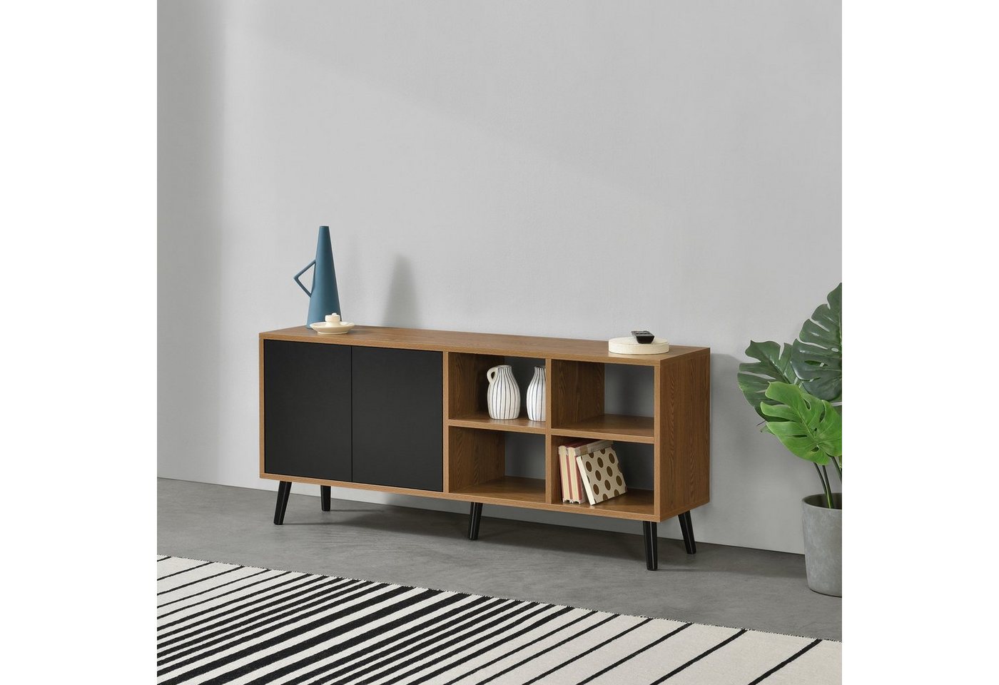 en.casa Sideboard, Gnesta Kommode 2 Türen Push-to-open-Technik Schwarz/Dunkler Holzton von en.casa