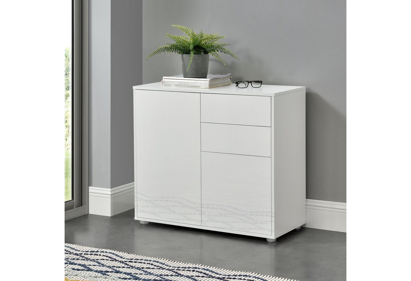 en.casa Sideboard, »Paarl« Kommode Schubladenschrank mit 2 Türen weiß hochglanz von en.casa