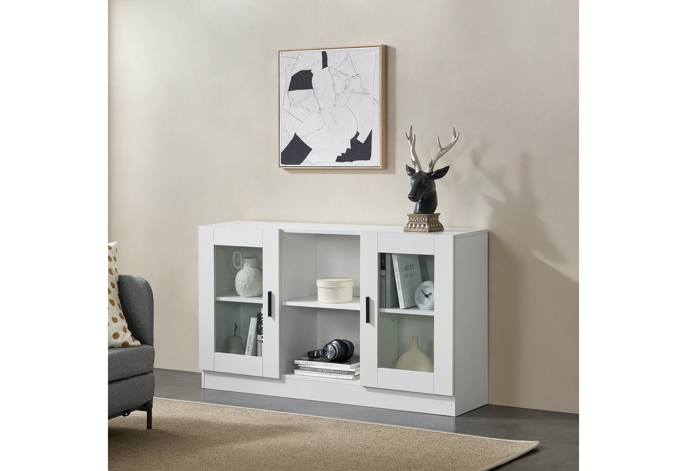 en.casa Sideboard, »Spøttrup« Fernsehtisch mit Glastüren 120x30,5x70cm Weiß von en.casa