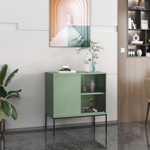 [en.casa] Sideboard Eidsvoll Wohnzimmerschrank Kommode mit Glas-Akzent Vitrinenschrank Geriffeltes Glas Aufbewahrungsschrank 80x45x85cm Grün von [en.casa]