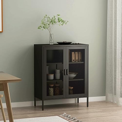 [en.casa] Sideboard Falköping Kommode Vitrinenschrank Wohnzimmerschrank Bücherregal Beistellschrank Standschrank aus Stahl mit 2 Gittertüren 101,5x80x40cm Schwarz von [en.casa]
