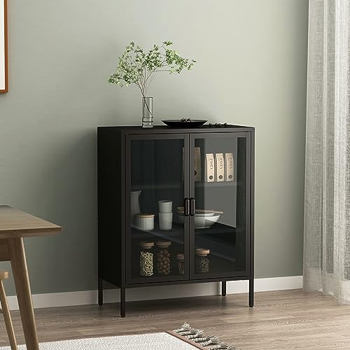 [en.casa] Sideboard Fauske Kommode Vitrinenschrank Wohnzimmerschrank Bücherregal Beistellschrank Standschrank aus Stahl mit 2 Glastüren 101,5x80x40cm Schwarz von [en.casa]