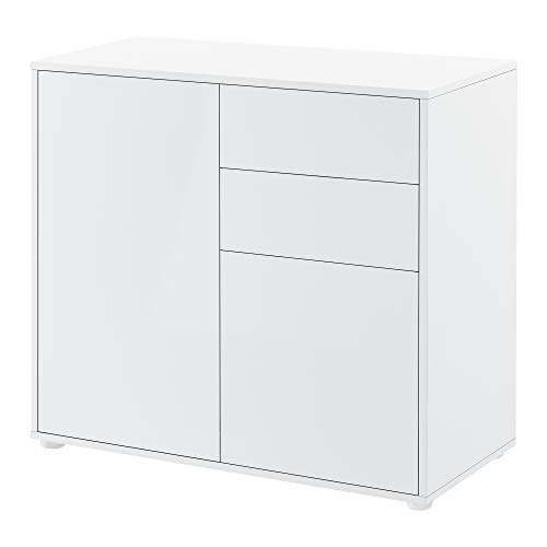 [en.casa] Sideboard Paarl Kommode mit 2-2 Schubladen und Schranktüren Beistellschrank 74x79x36 cm Weiß, Hochglanz von [en.casa]