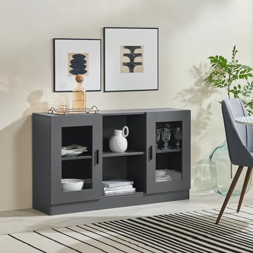 [en.casa] Sideboard Spøttrup Beistellschrank Wohnzimmerschrank Kommode mit 2 Glastüren und 2 offenen Ablagen Standschrank Fernsehtisch 120x30,5x70cm Dunkelgrau von [en.casa]