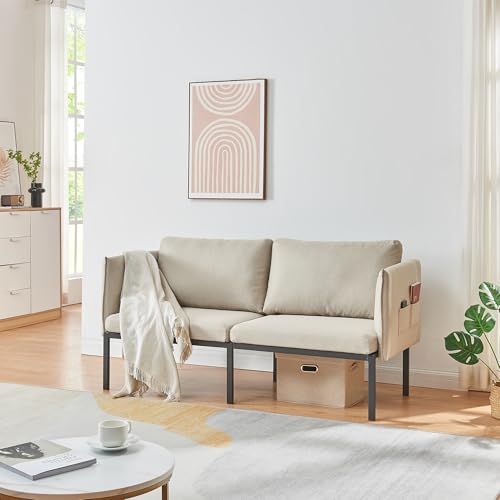 [en.casa] Sofa Kamar 2 Sitzer Couch Textil Polstersofa mit Rückenkissen und Armlehnen 69 x 158 x 63 cm Wohnzimmer Metallbeine Beige von [en.casa]
