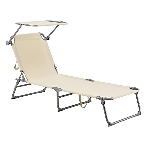 [en.casa] Sonnenliege Getaria mit Sonnendach Gartenliege 189x57x28cm Zusammenklappbar Strandliege Beige von [en.casa]