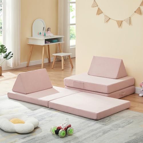 [en.casa] Spielsofa für Kinder Norhulta Kindersofa mit Schlaffunktion Schaumstoff Bausteine 5er Set Kindercouch ab 1 Jahr Modulares Sofa 150 x 66 x 46 cm Cord Rosa von [en.casa]