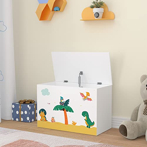 [en.casa] Spielzeugkiste Oleiros mit aufklappbaren Deckel Aufbewahrungsbox für Kinderzimmer Bücher Spielzeug 40 x 60 x 30cm Kinderzimmerbox mit Dinosaurier Motiv Weiß/Grün/Gelb von [en.casa]