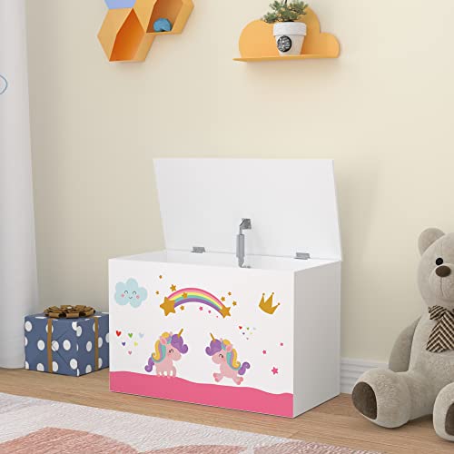 [en.casa] Spielzeugkiste Oleiros mit aufklappbaren Deckel Aufbewahrungsbox für Kinderzimmer Bücher Spielzeug 40 x 60 x 30 cm Kinderzimmerbox mit Einhorn Motiv Weiß/Lila/Rosa von [en.casa]