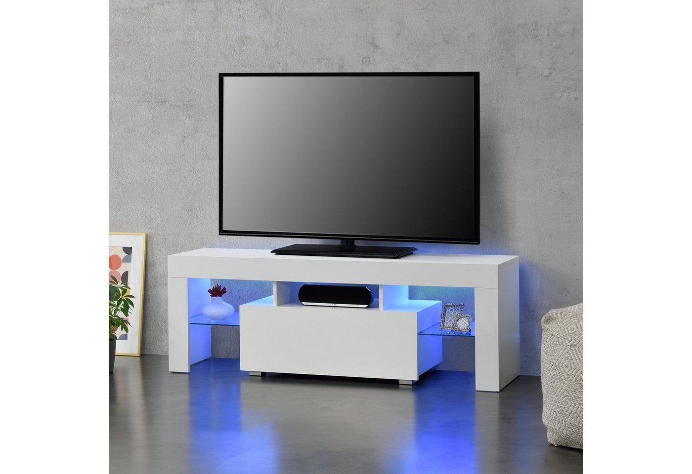 en.casa TV-Board, »Grimsey« Fernsehtisch mit LED Beleuchtung und Glasablage von en.casa