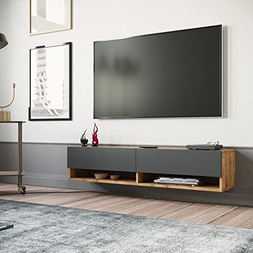[en.casa] TV Board Laitila TV Schrank mit 2 Ablagen 2 Schranktüren Lowboard Fernsehtisch 140 x 31,5 x 29,5 cm Sideboard hängend Eiche rustikal/Anthrazit von [en.casa]