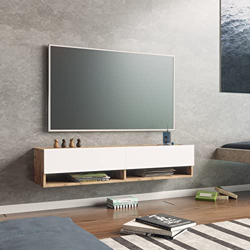 [en.casa] TV Board Laitila TV Schrank mit 2 Ablagen 2 Schranktüren Lowboard Fernsehtisch 140 x 31,5 x 29,5 cm Sideboard hängend Eiche rustikal/Weiß von [en.casa]